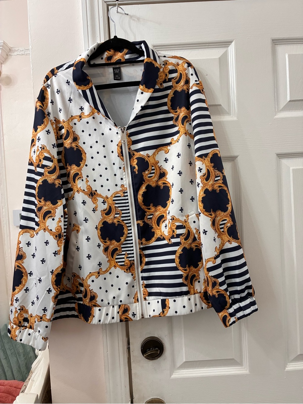 Stylish Women's Patterned Zip Jacket in White, Navy & Gold
